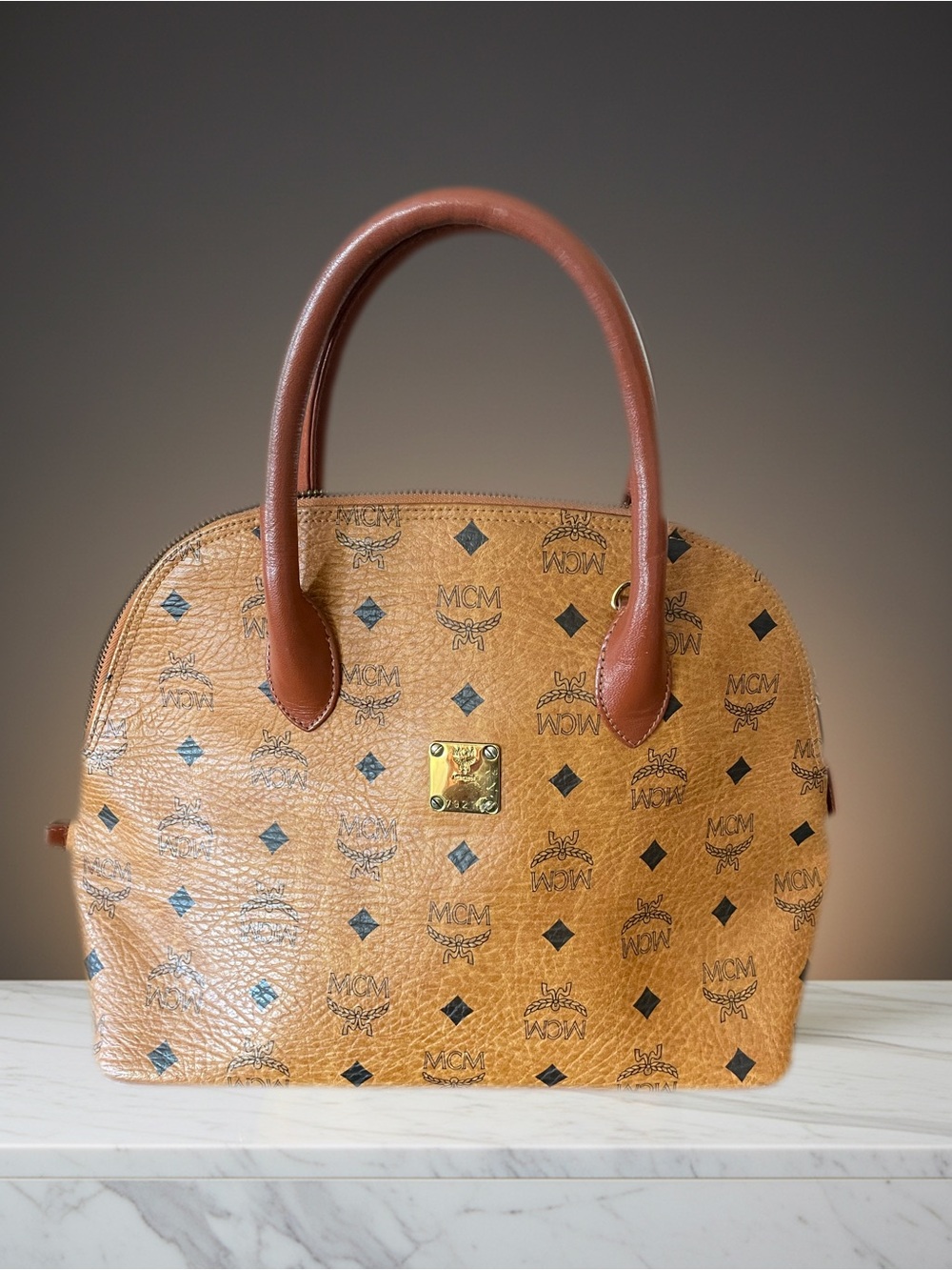 MCM Cognac Visetos Dome Satchel with Brown Handles